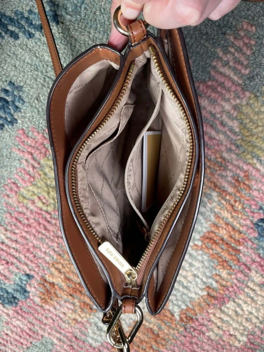 MICHAEL KORS TRISHA TRIPLE COMPARTMENT CROSSBODY MEDIUM MESSENGER BAG BROWN LOGO